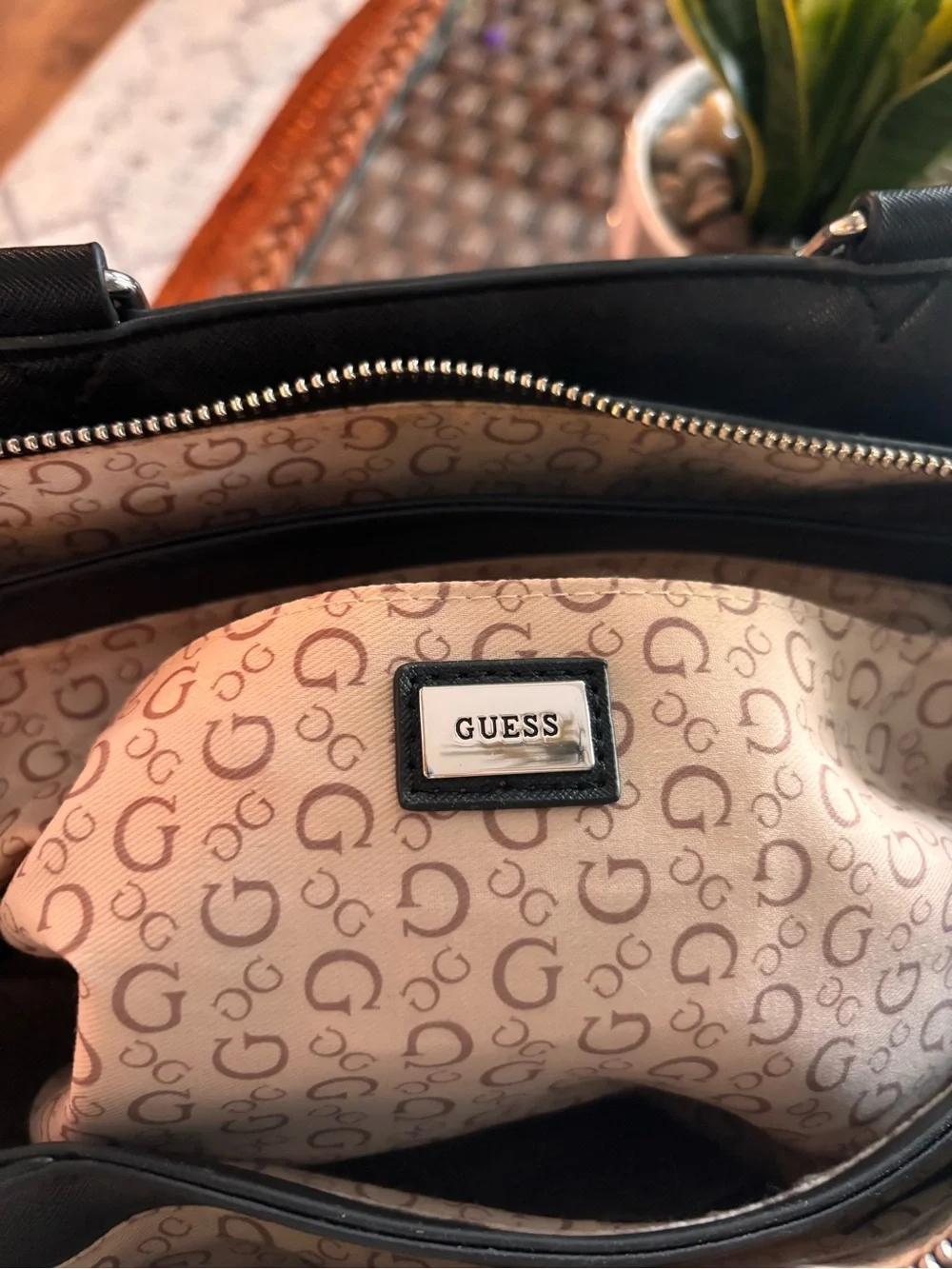 Guess Black Monogram Satchel with Silver Logo Accent